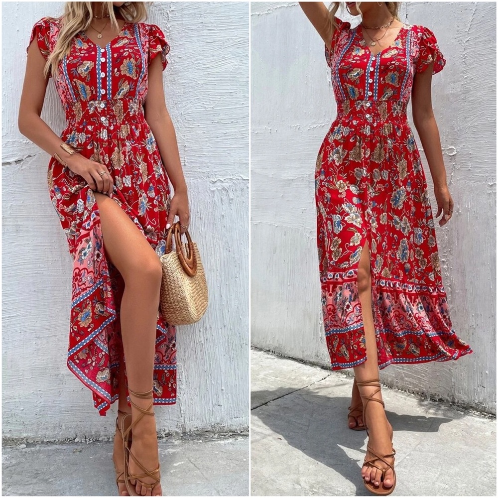 Boho Red Floral Print Butterfly Sleeve Button Detail Dress - Picture 5 of 8